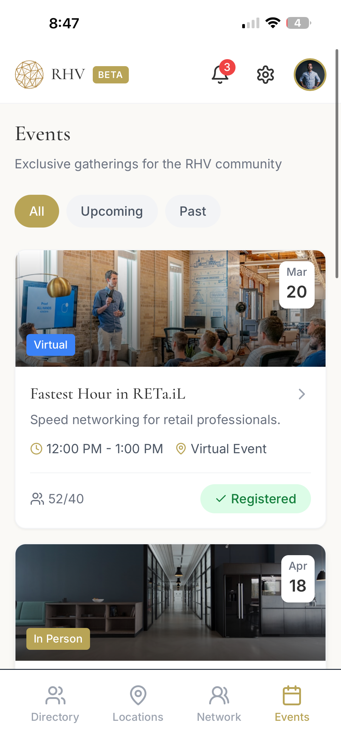 RHV events list with RSVP status