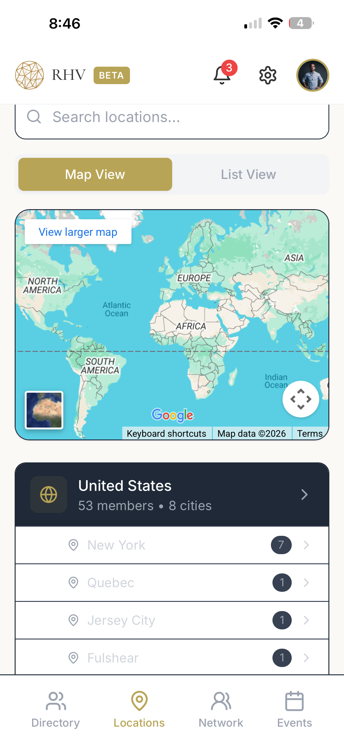 RHV locations map view with members grouped by city